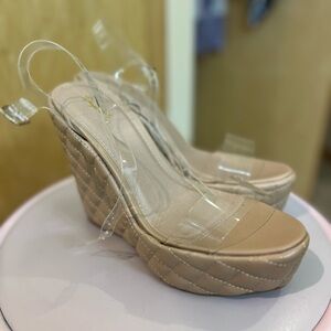 Pink Lily Tan Wedge Sandals with Clear Straps